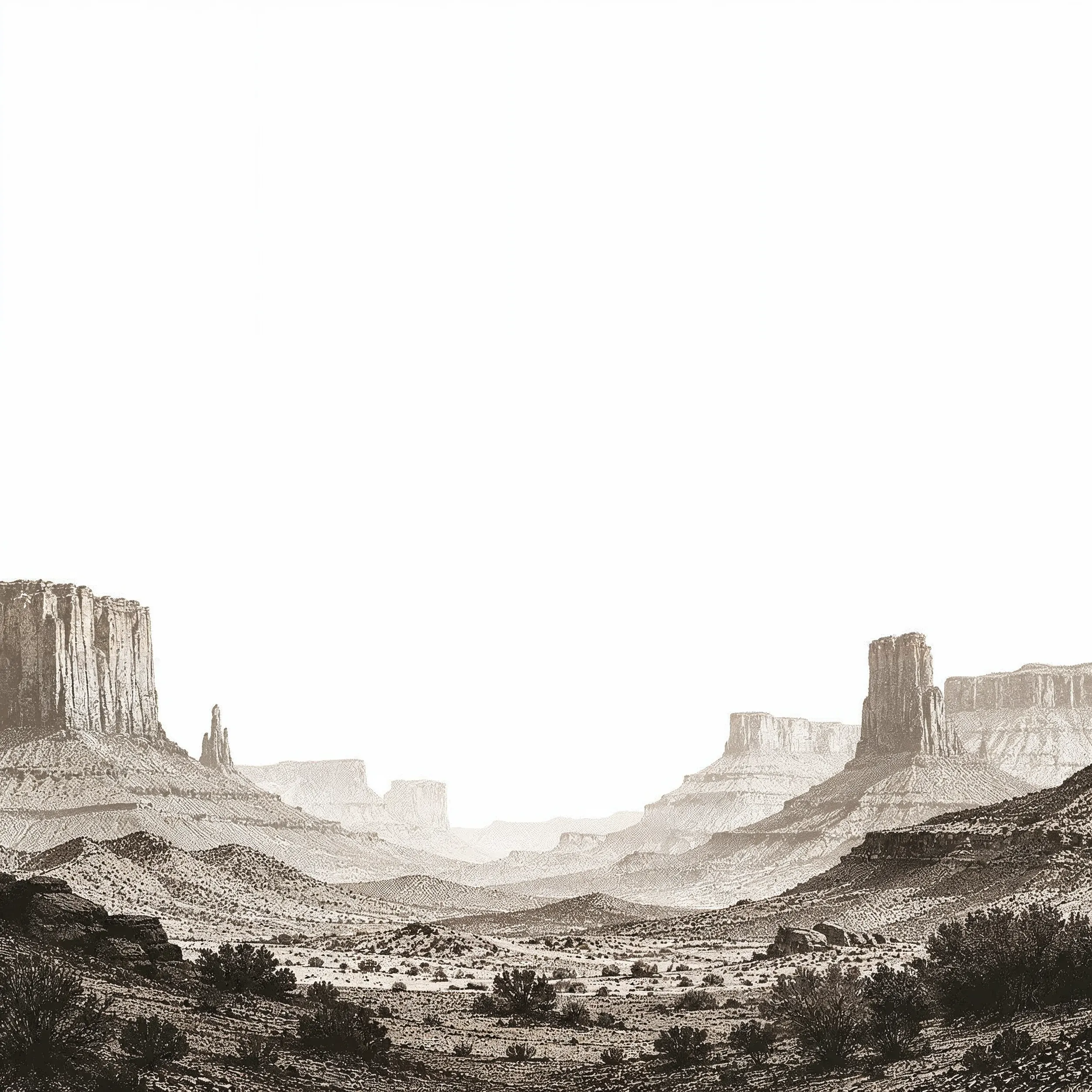 Black and white illustration of a vast desert valley with tall rock formations and sparse vegetation.