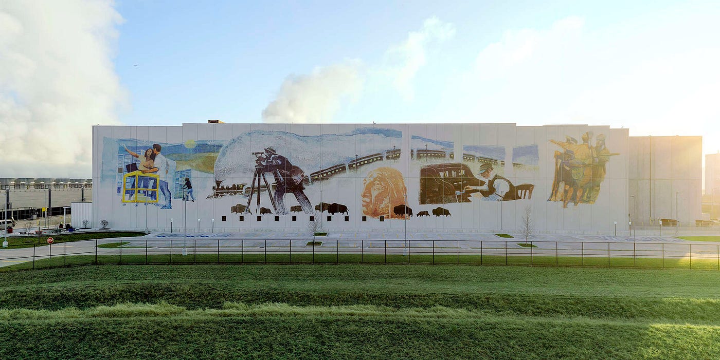 Gary Kelley's narrative mural on Google's Council Bluffs, Iowa data center, depicting the region's history as an information hub.